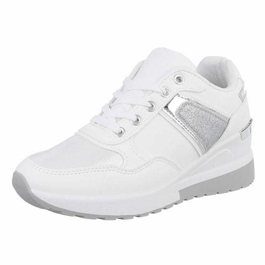 Witte sneaker met een streep grijze glitter